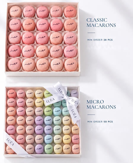 Lunéa Macarons Box 16kd بوكس 60+ قطعة ماكرون بـ كل النكهات يحتوي على مكس 6 نكهات (فانيلا،جوكلت،كندر،فراوله جيزكيك،بستاشيو،مانقا) بـ الوان كلاسيك تناسب كل نكهه